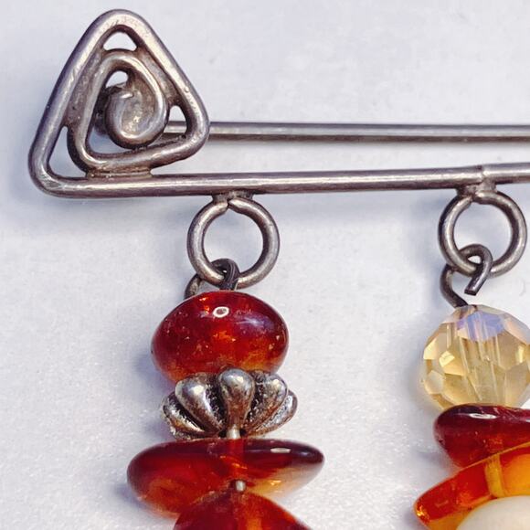 VTG Artisan Silver Amber Beaded Studio Brooch Pin Y2K Eclectic Jewelry - Picture 6 of 10